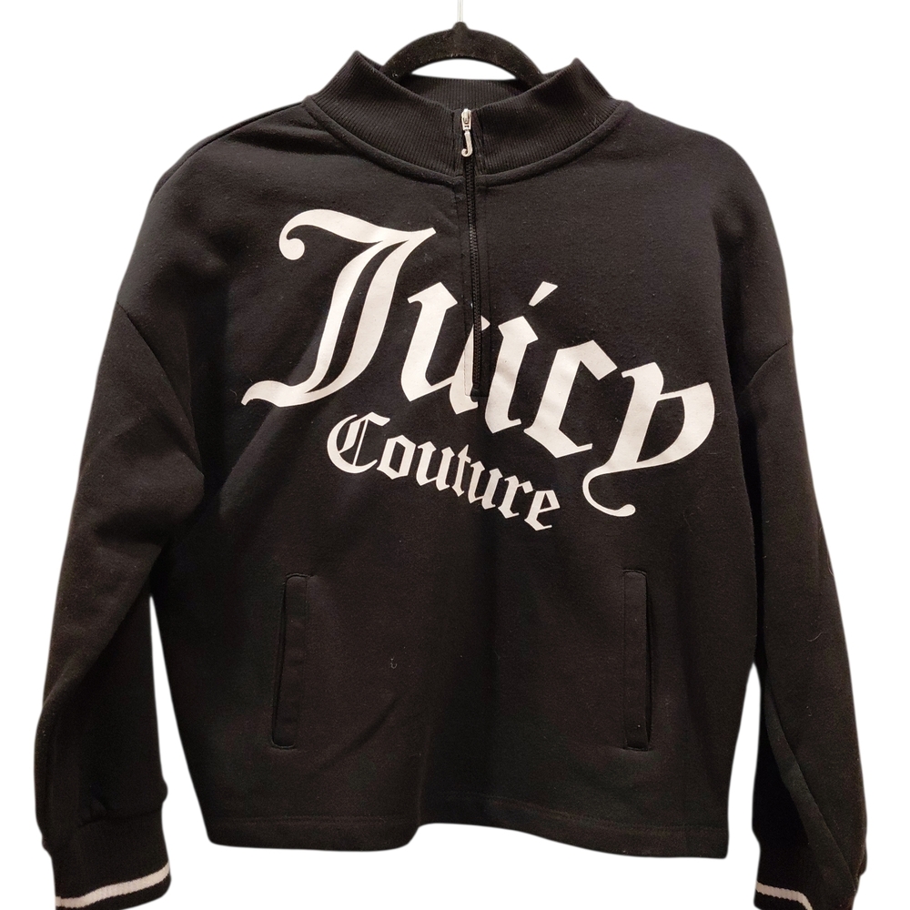 "Juicy Couture" Sz. L, 1/2 Zip, Black Unisex Cropped Sweatshirt. 21in   P2P....